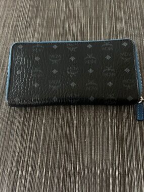 MCM Black Monogram Zip Wallet with Blue Edge
